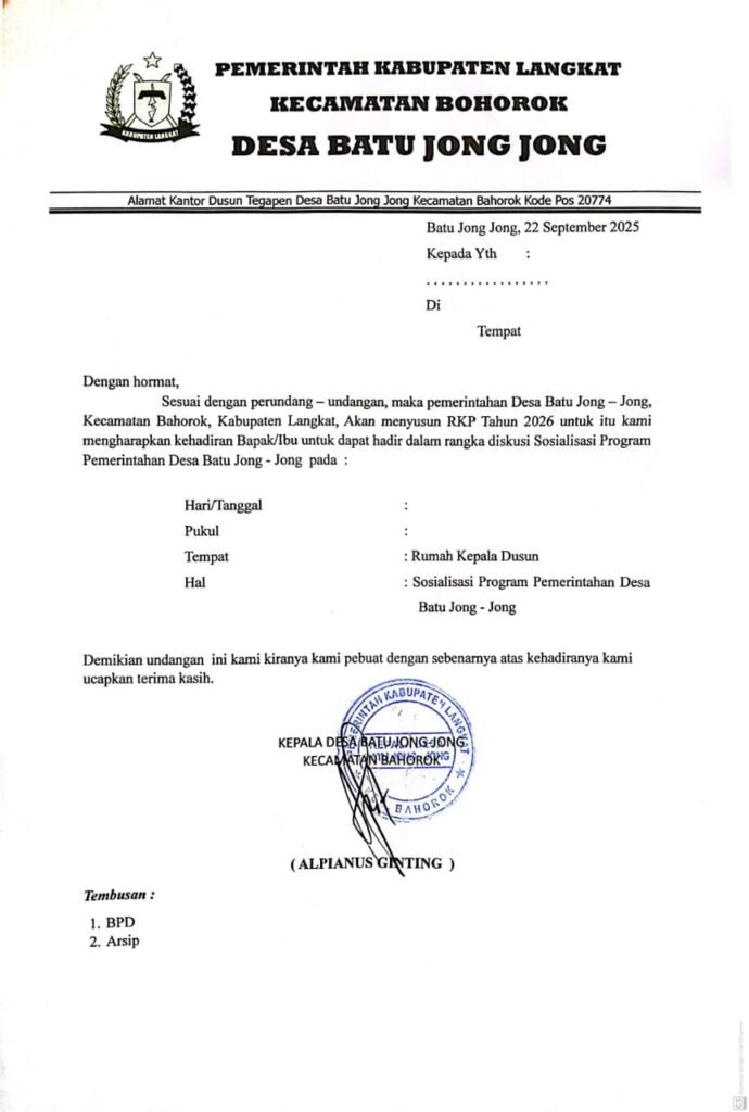 Undangan Sosialisasi Program Pemerintahan Desa Batu Jong - Jong